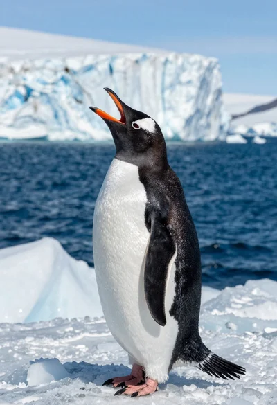 Majestic gentoo penguin calling on jagged ice ridge near massive glacier - Free AI Prompt for Midjourney v6.1